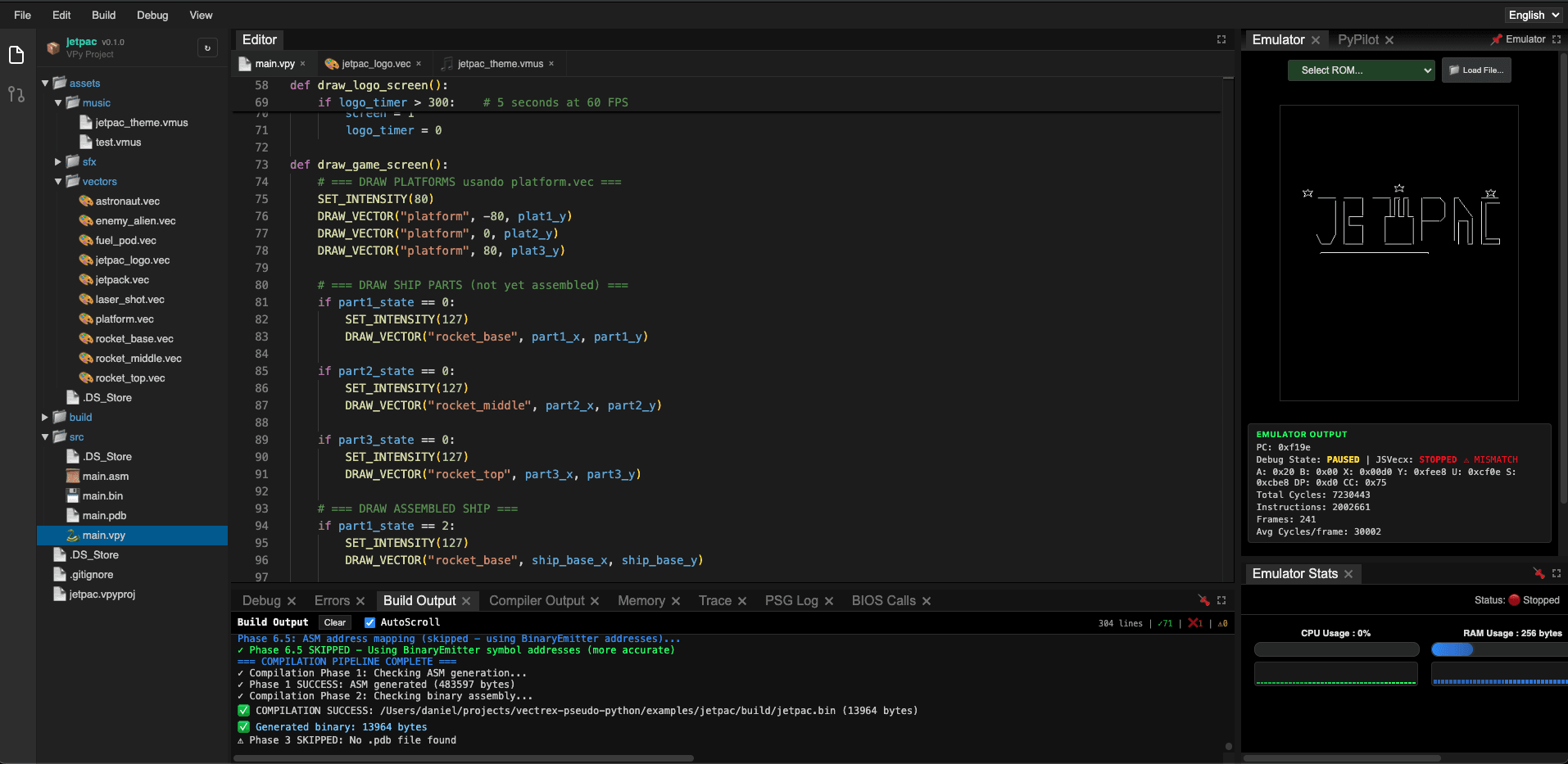 Vectrex Studio IDE — editor, emulator, debugger and build output