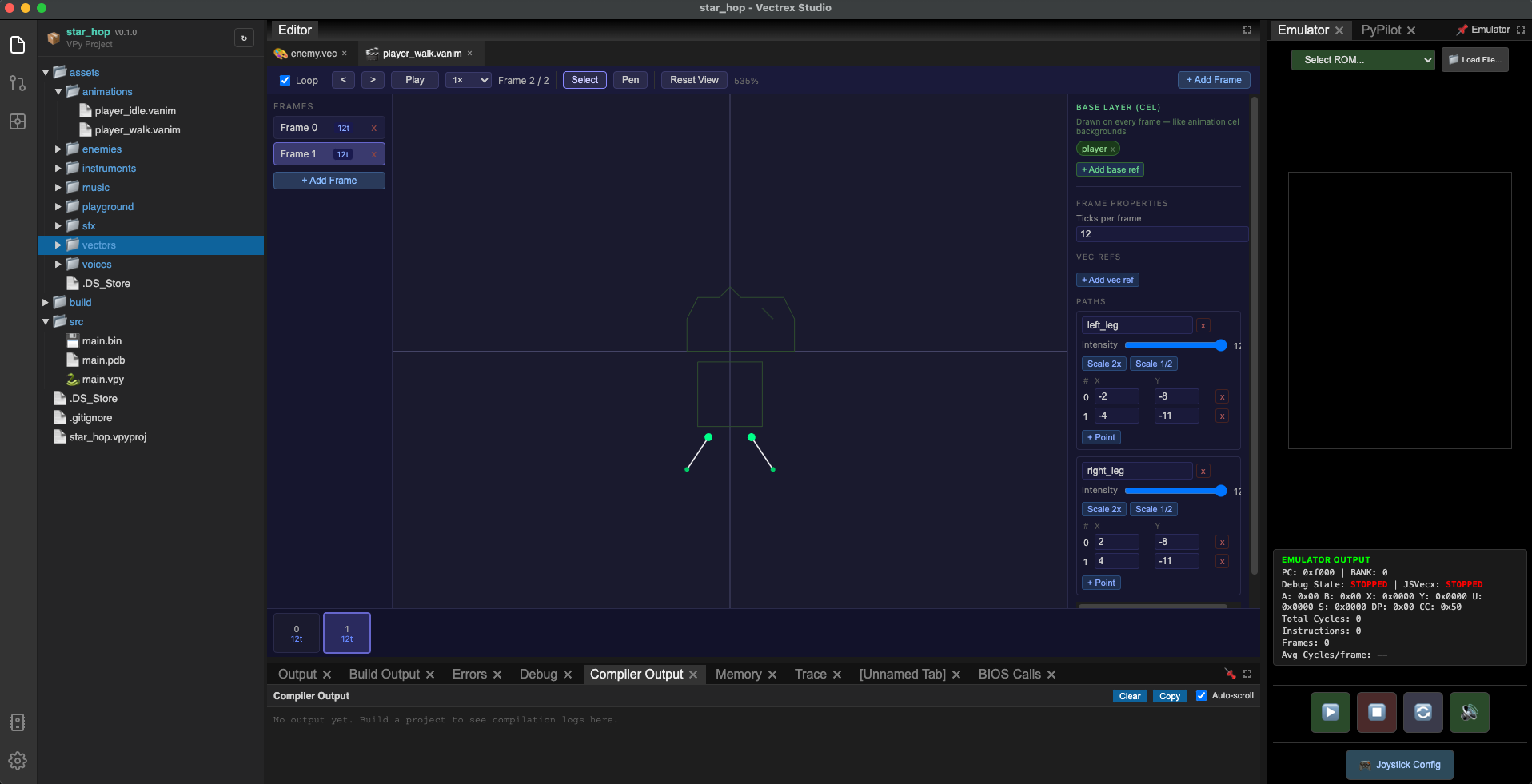 AnimationEditor showing the two-frame filmstrip at the bottom, canvas previewing frame 1