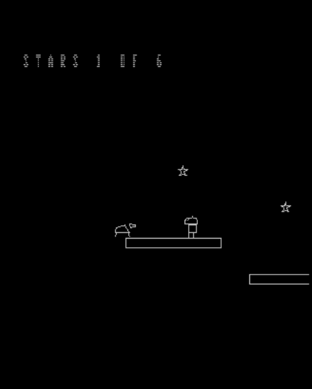 Emulator panel mid-game — player on the elevated left platform, enemy patrolling, two stars collected (score 2/6), camera scrolled right