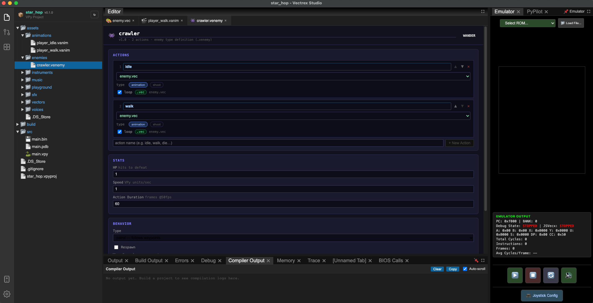 Enemy Editor Actions section — "idle" and "walk" rows, walk row with enemy.vec selected in the sprite dropdown and the Loop checkbox ticked