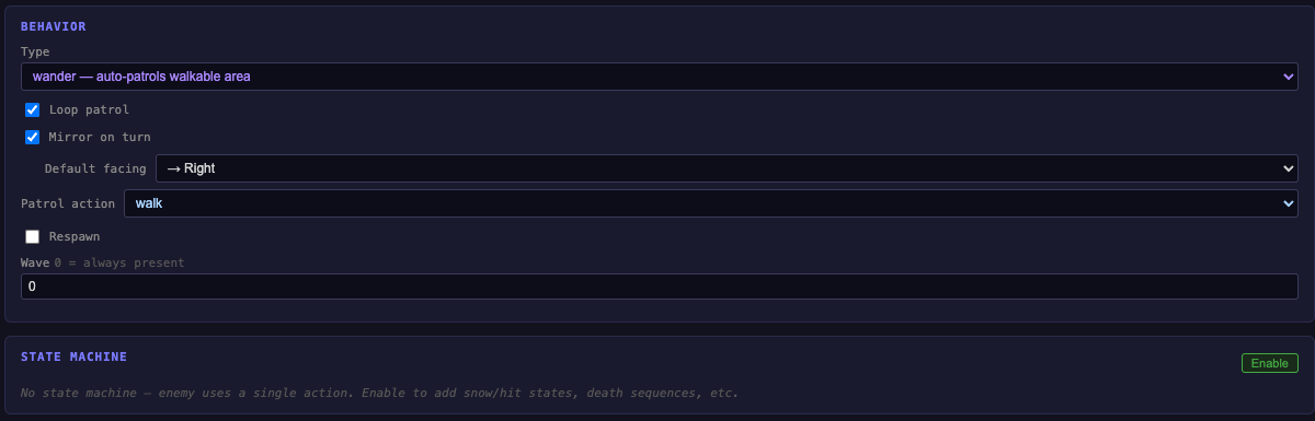 Enemy Editor Behavior section — Type set to "wander", Mirror on turn checked, Patrol action set to "walk"