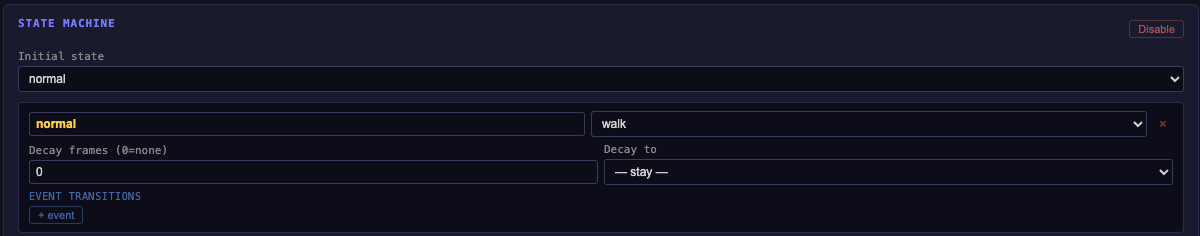 Enemy Editor panel showing the completed crawler definition — Actions, Stats, and Behavior sections all filled in
