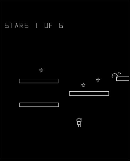 Finished Star Hop game in the IDE emulator — player on a platform, enemy patrolling, stars visible, score in the top corner