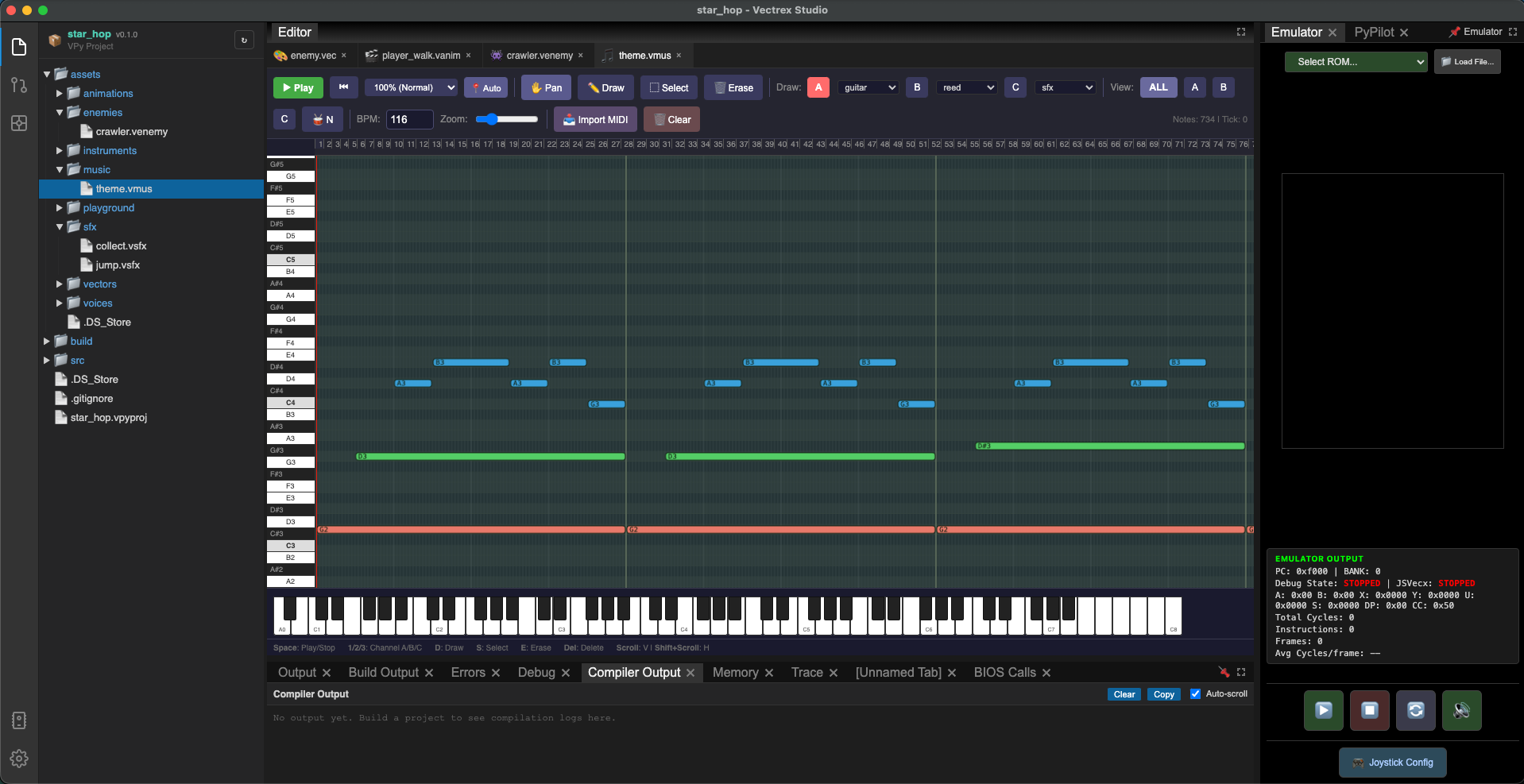 Music Editor with a short looping melody composed — channel A active, a few bars of notes visible