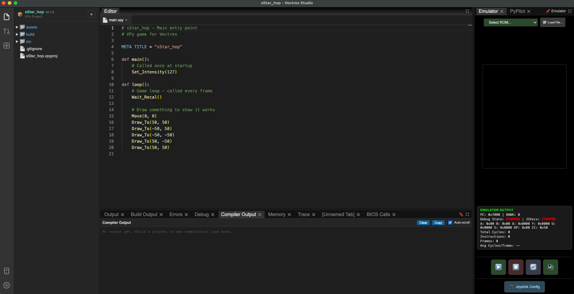 IDE with the new project open — file tree on the left showing the project structure, empty main.vpy in the editor