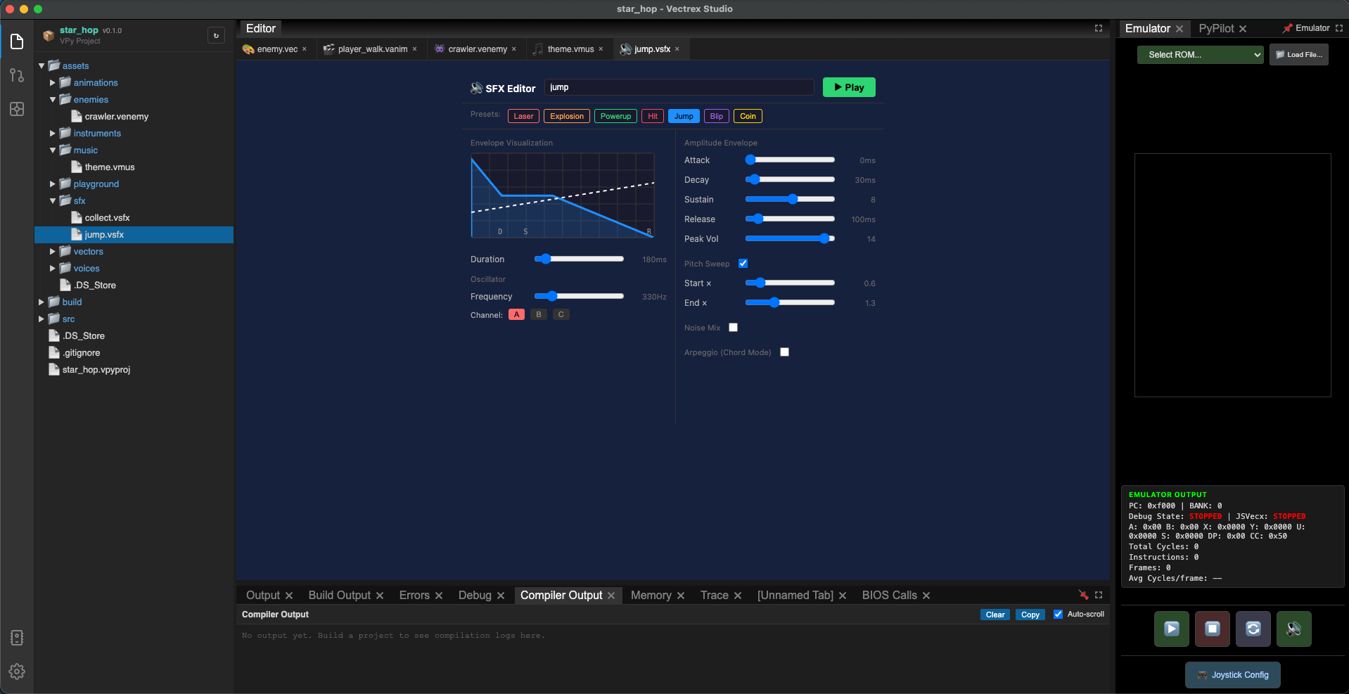 SFX Editor with the jump sound effect configured — pitch sweep visible in the preview