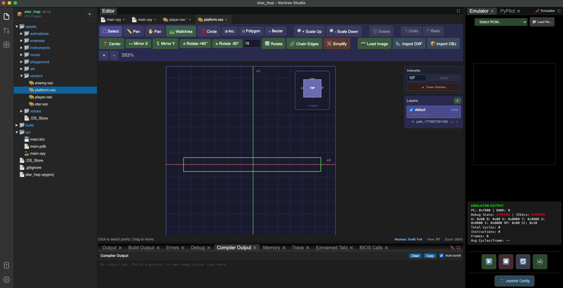 VectorEditor with the platform rectangle — wide flat shape, intensity set to 100