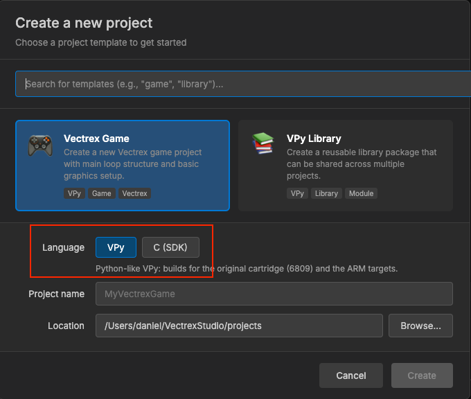 New Project with the language choice: VPy or C (SDK)