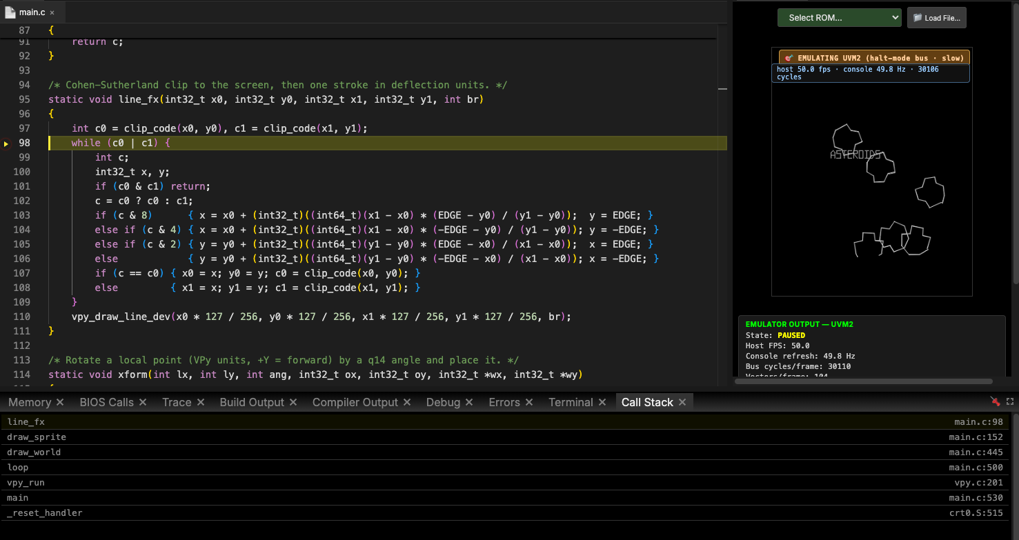 A C file paused at a breakpoint, with the call stack