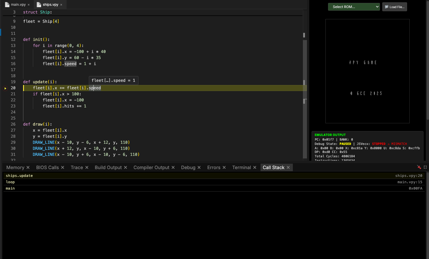A 6809 game paused in a module, with the call stack and a struct field's value