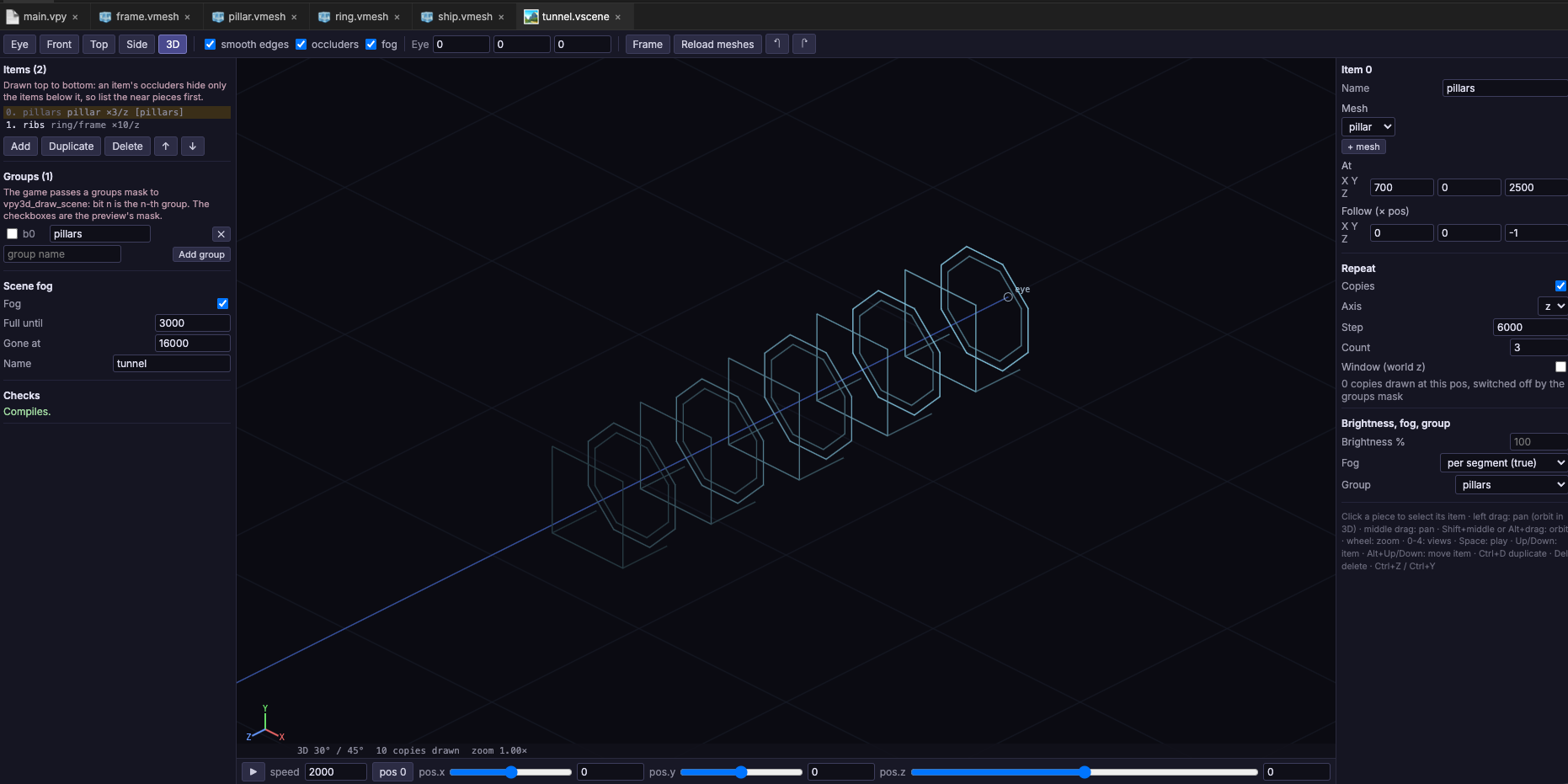 The Scene Editor: items and groups, the tunnel preview, and the selected item