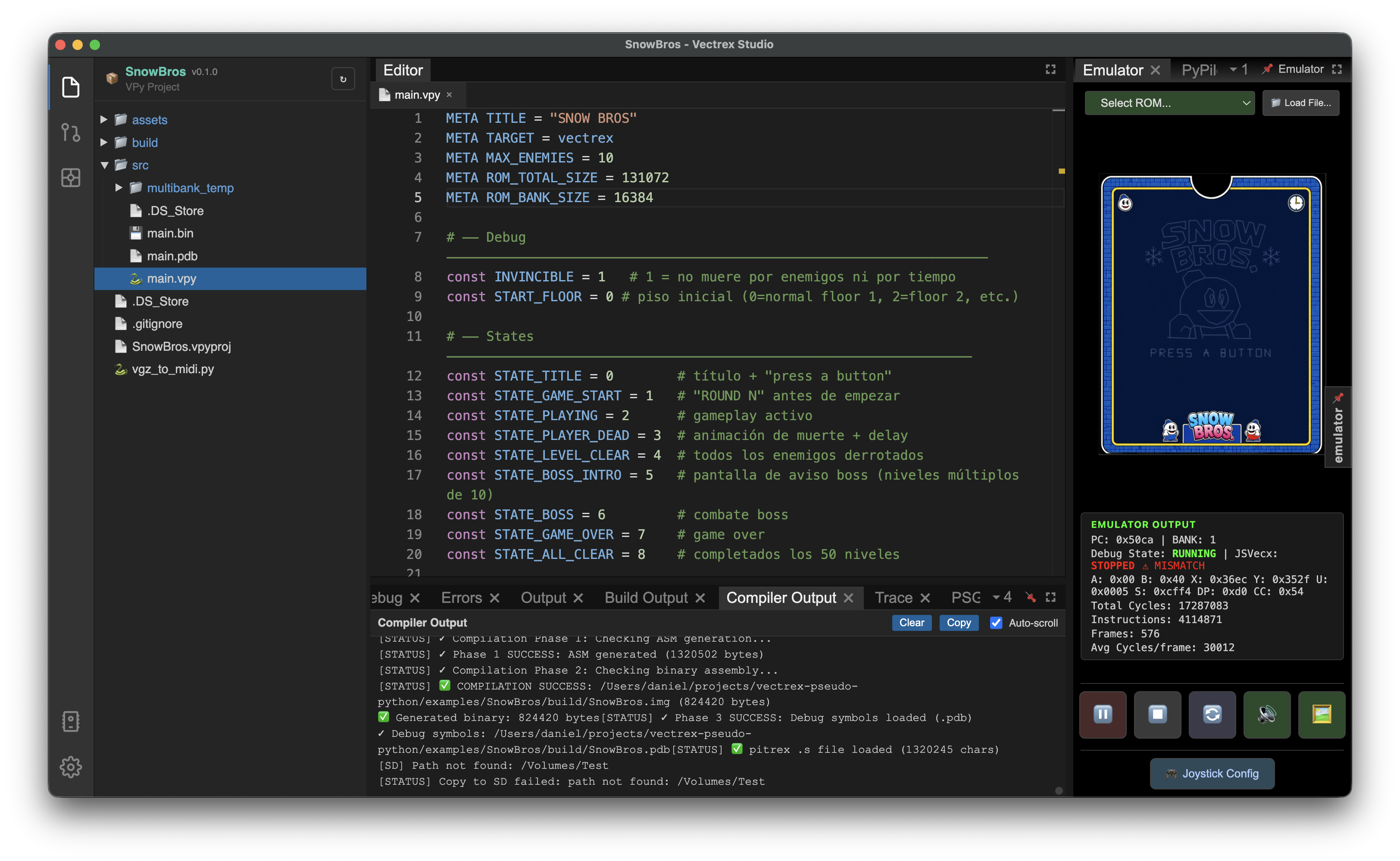 Vectrex Studio IDE — editor, emulator, debugger and build output