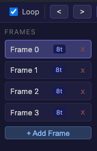 Frame list — three frame cards, frame 1 selected and highlighted