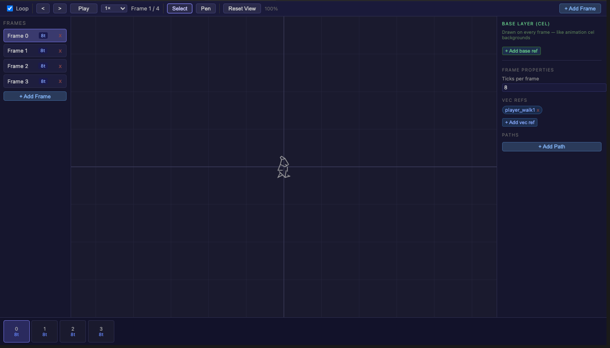 Animation Editor — canvas in the centre, frame list on the left, properties panel on the right, timeline at the bottom