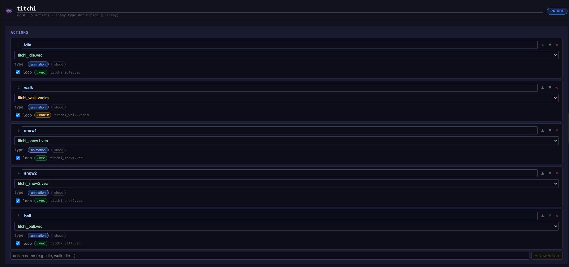 Actions section — idle and walk rows, walk row with a .vanim selected and Loop ticked
