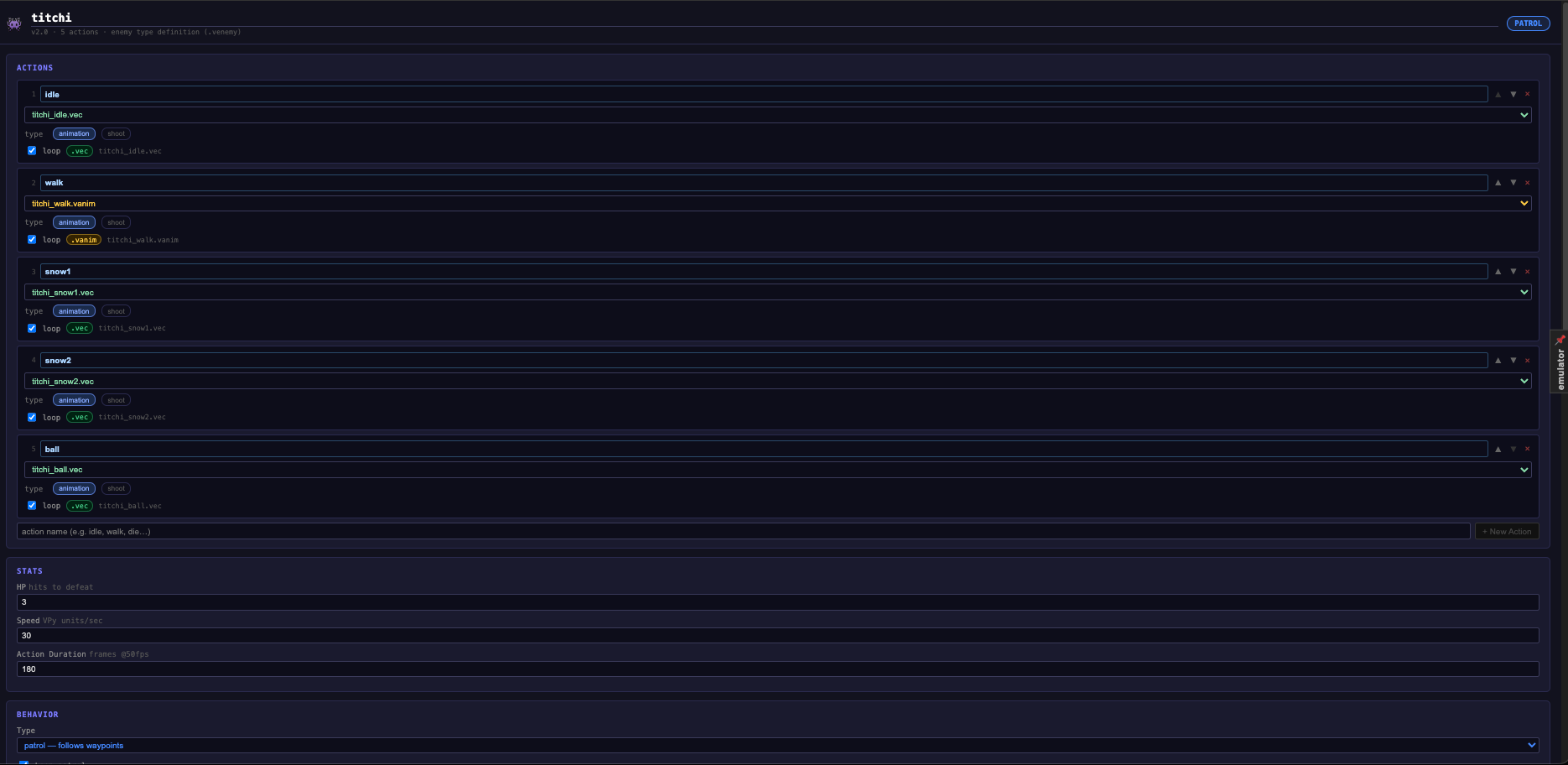 Enemy Editor panel — header with behaviour badge, Actions, Stats, and Behaviour sections visible