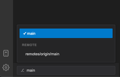 Branch dropdown open — current branch highlighted, list of local branches, New branch button