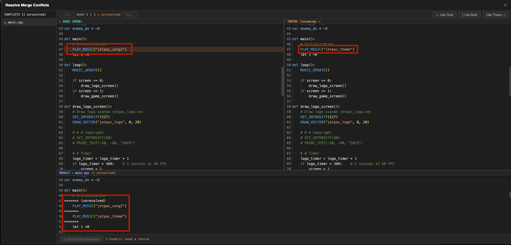 Conflict resolver — ours panel on the left, theirs on the right, result at the bottom
