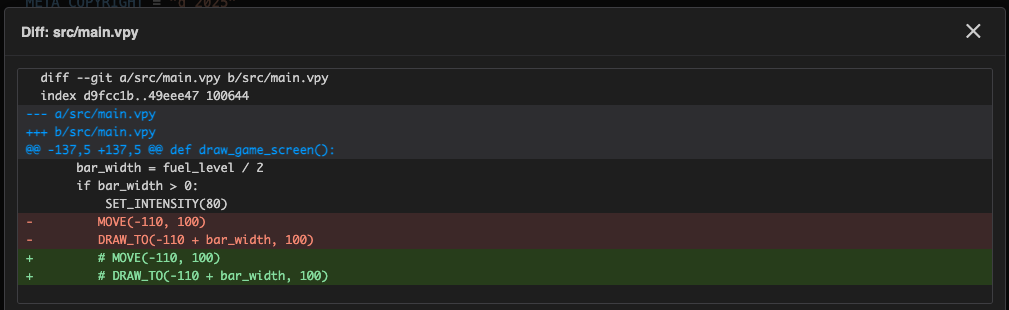 Diff viewer — unified diff with removed lines in red and added lines in green