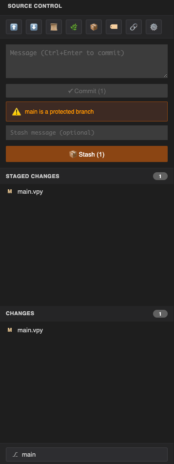 Git panel open — staged and unstaged file lists, commit message field, branch selector at the top