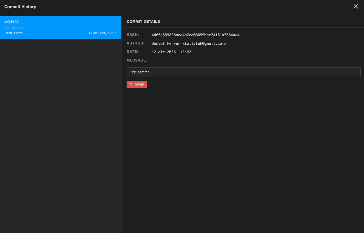 Commit history panel — list of commits with hashes, messages, and author names