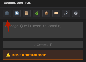 Git panel toolbar — branch name, ahead/behind count, push and pull buttons
