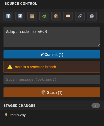 Staged and unstaged file lists with a commit message ready to submit
