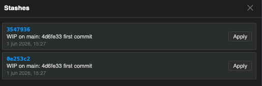 Stash list — two stash entries with timestamps and apply buttons