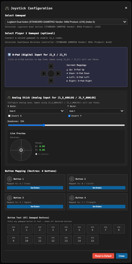 Joystick Config dialog — axis selectors, deadzone slider, D-pad and button mapping grid
