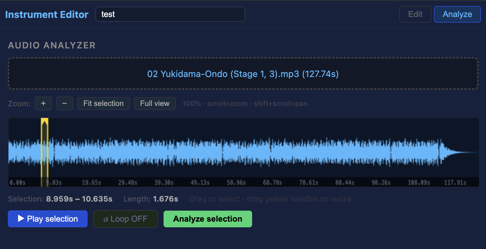 Analyze tab — waveform display with yellow selection region, analysis results panel below