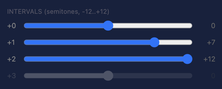 Arpeggio section — Count set to 3, intervals sliders showing 0, +7, +12