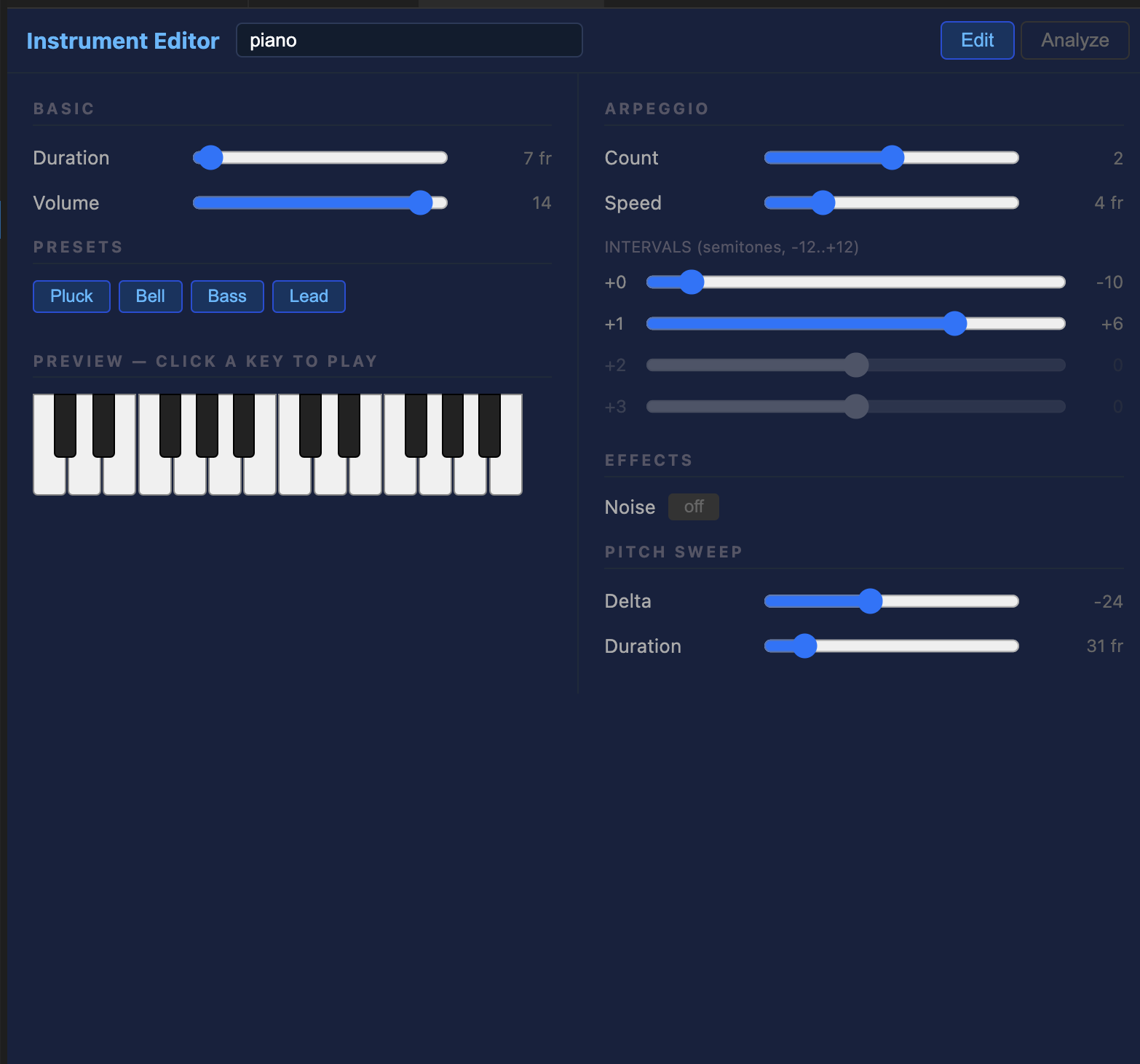 Instrument Editor — two-column Edit tab: left column has Basic, Presets and Piano keyboard; right column has Arpeggio, Effects and Pitch Sweep