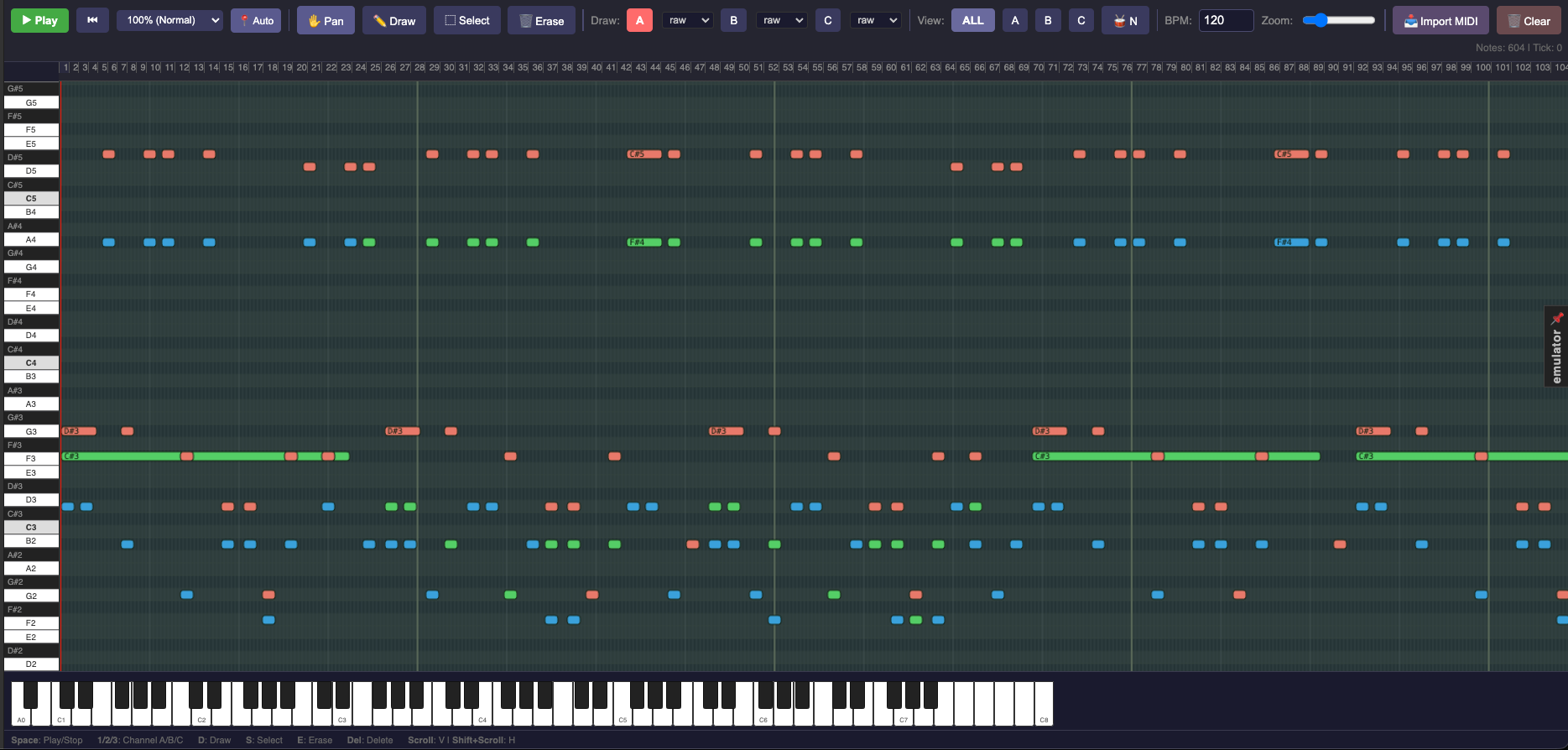 Music Editor — piano roll with notes on channels A and B, noise track at the bottom, playhead visible