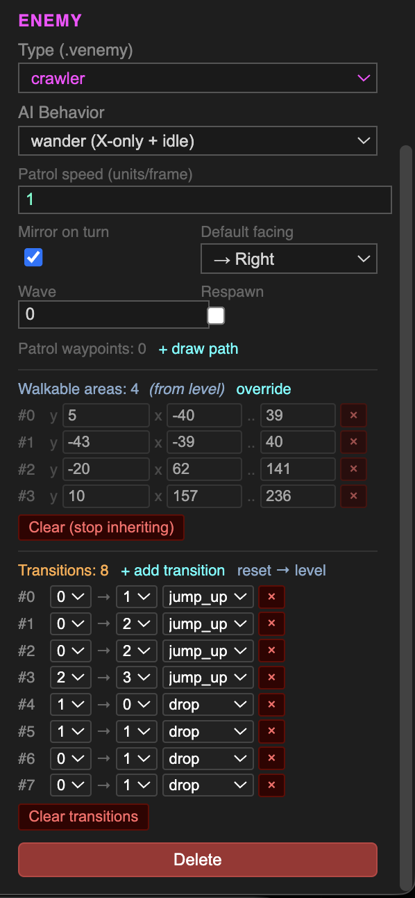 Enemy properties panel — wander AI, walkable areas list with one area, transitions section below