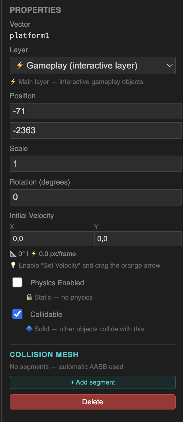Object selected — right panel showing position, scale, layer and physics options