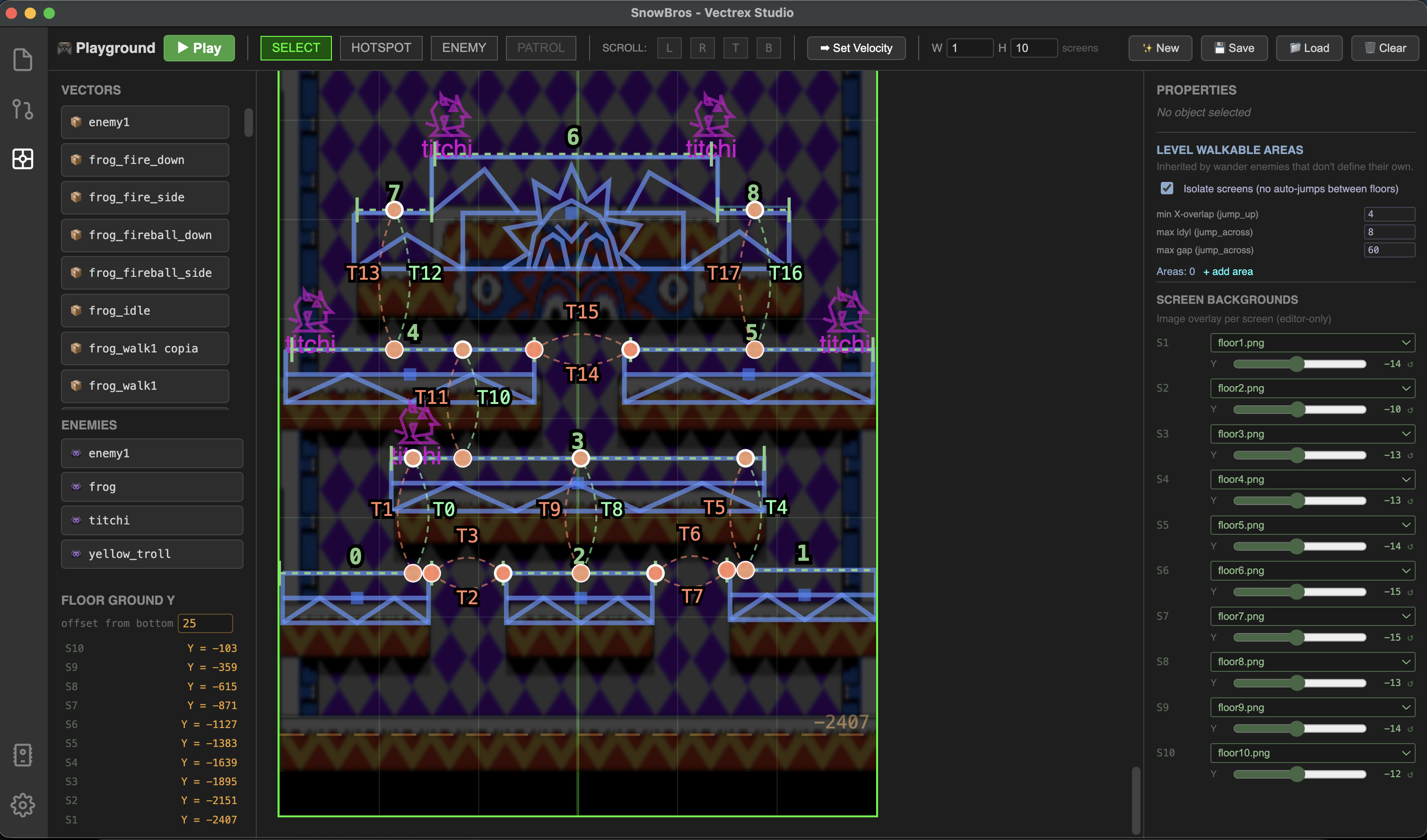 Playground open — canvas with platforms placed, asset palette on the left, properties panel on the right