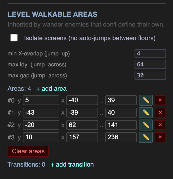 Level walkable areas panel — two areas defined, auto-transition tuning visible