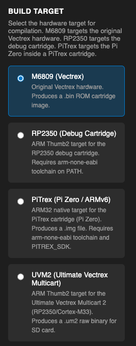 Build target radio buttons — M6809 selected, all four options visible