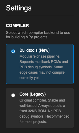Compiler backend radio buttons — Buildtools selected