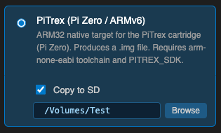 PiTrex sub-option expanded — "Copy to SD" checkbox checked and SD card path field filled