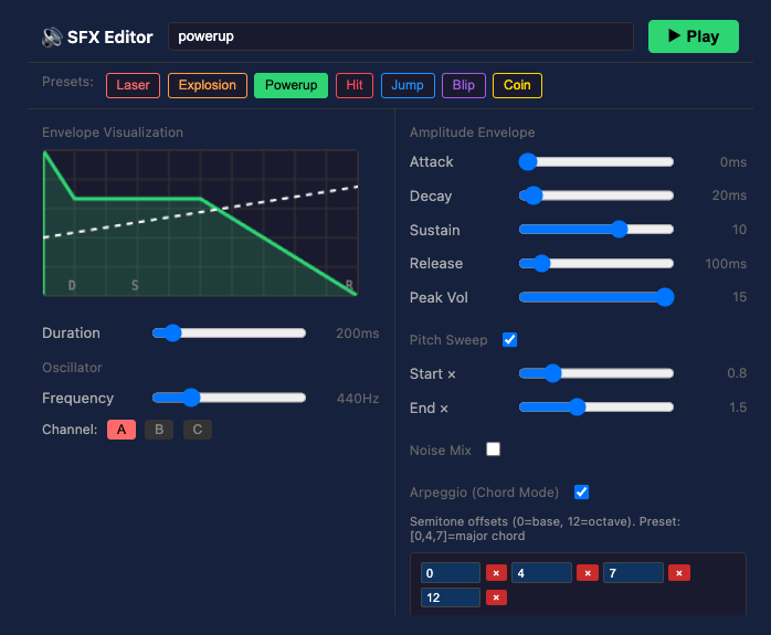 SFX Editor — envelope visualisation on the left, ADSR and pitch sliders on the right
