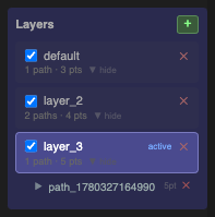 Layers panel — three layers listed, middle layer selected, paths visible in the tree