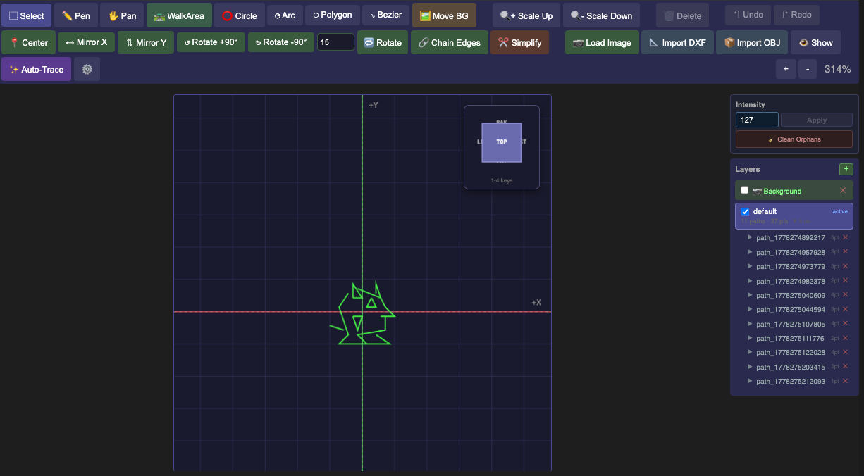 Vector Editor with a player character drawn — canvas in the centre, layers panel on the left, properties on the right